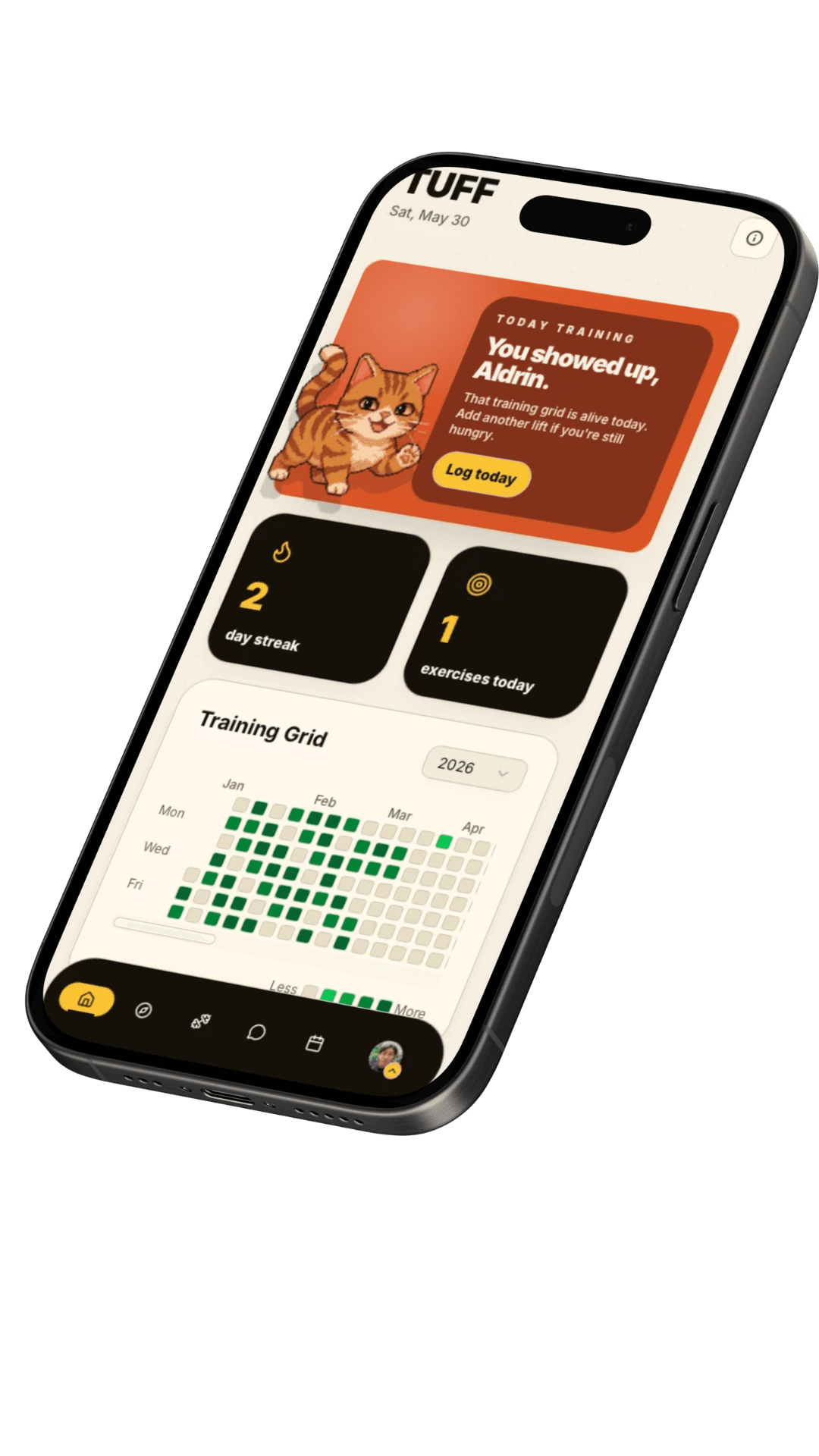 Angled TUFF mobile dashboard showing the training grid and workout cards
